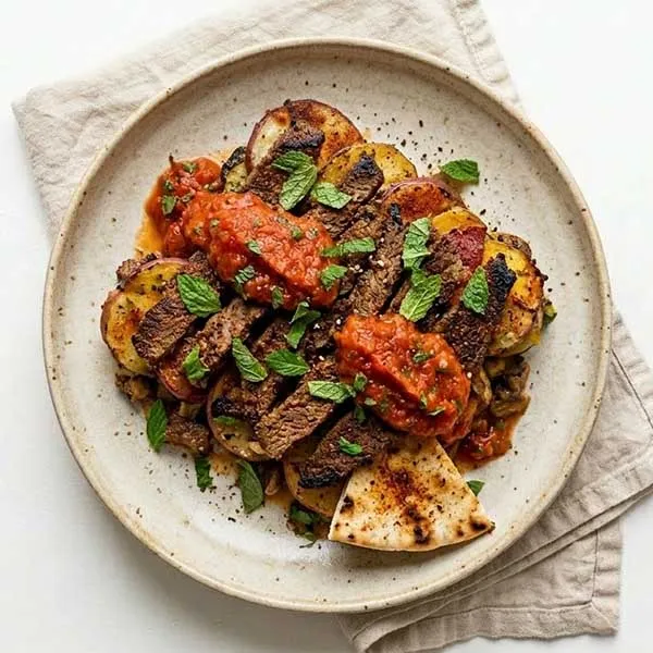 Beef suya  with charred pita & peppered potatoes